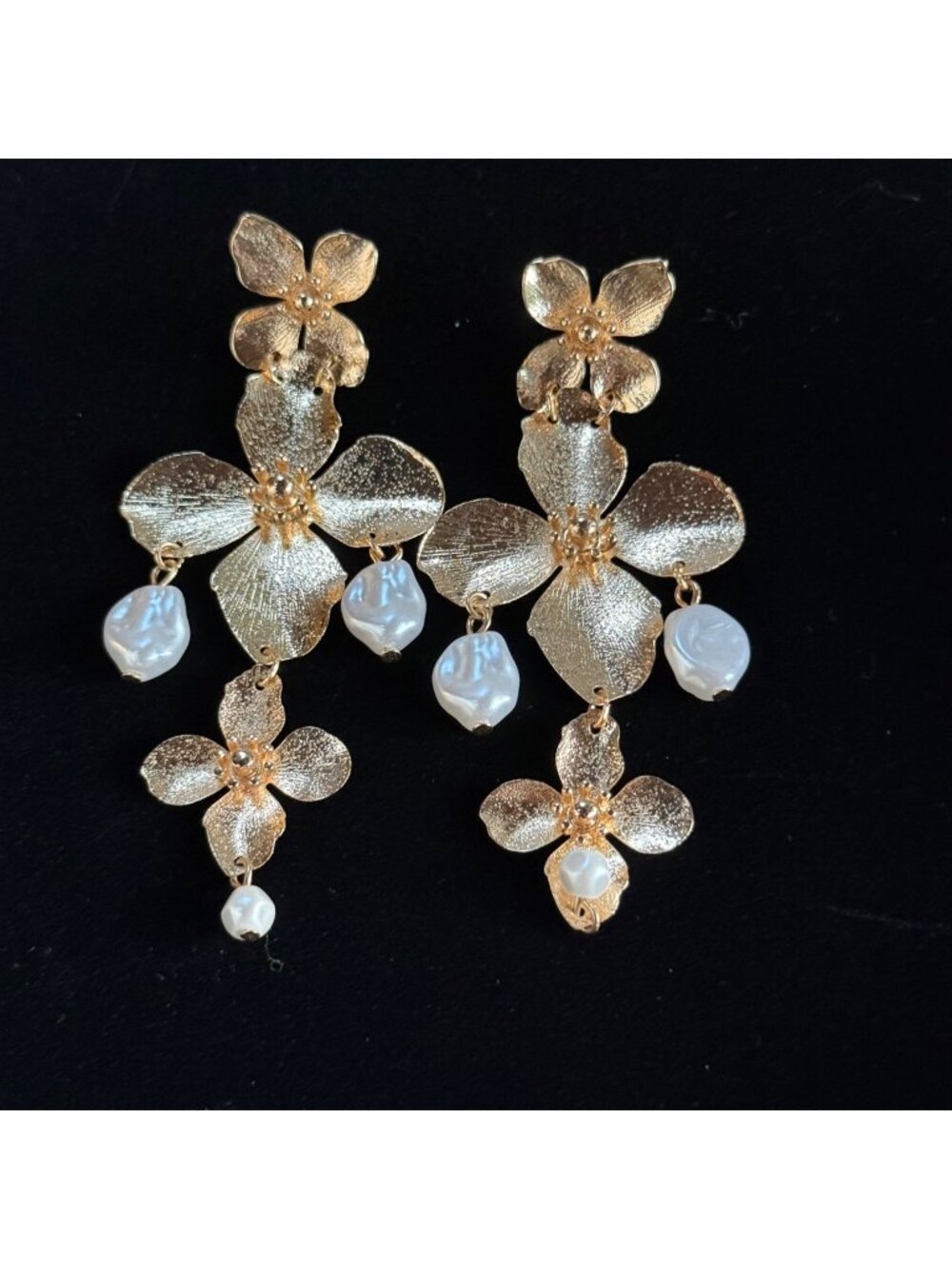 Lilly Pulitzer Via Flora Gold Orchid Statement Earrings Pearl Dangle, Almost 4"